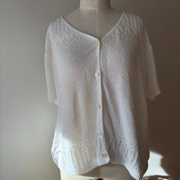 Sweaters - 1990s Boxy White Crochet Cardigan | Vintage Light Knit Top